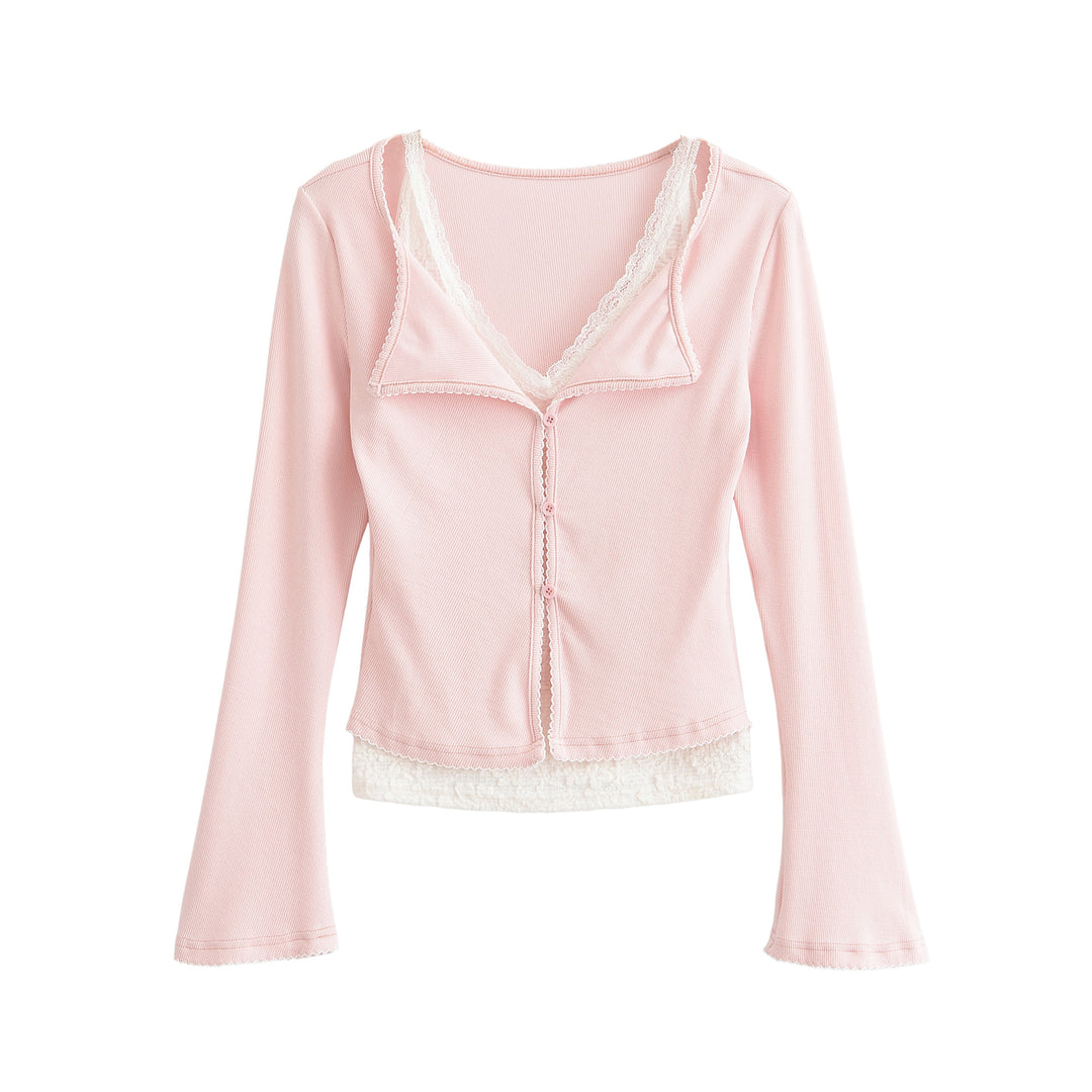 Women tailored button vest with lace trim and flared sleeves Mune Fashion