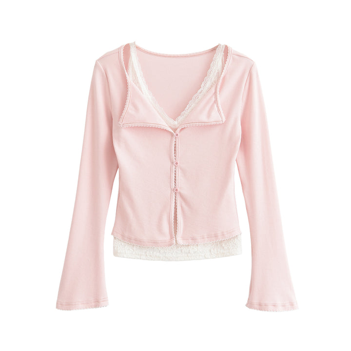 Women tailored button vest with lace trim and flared sleeves Mune Fashion