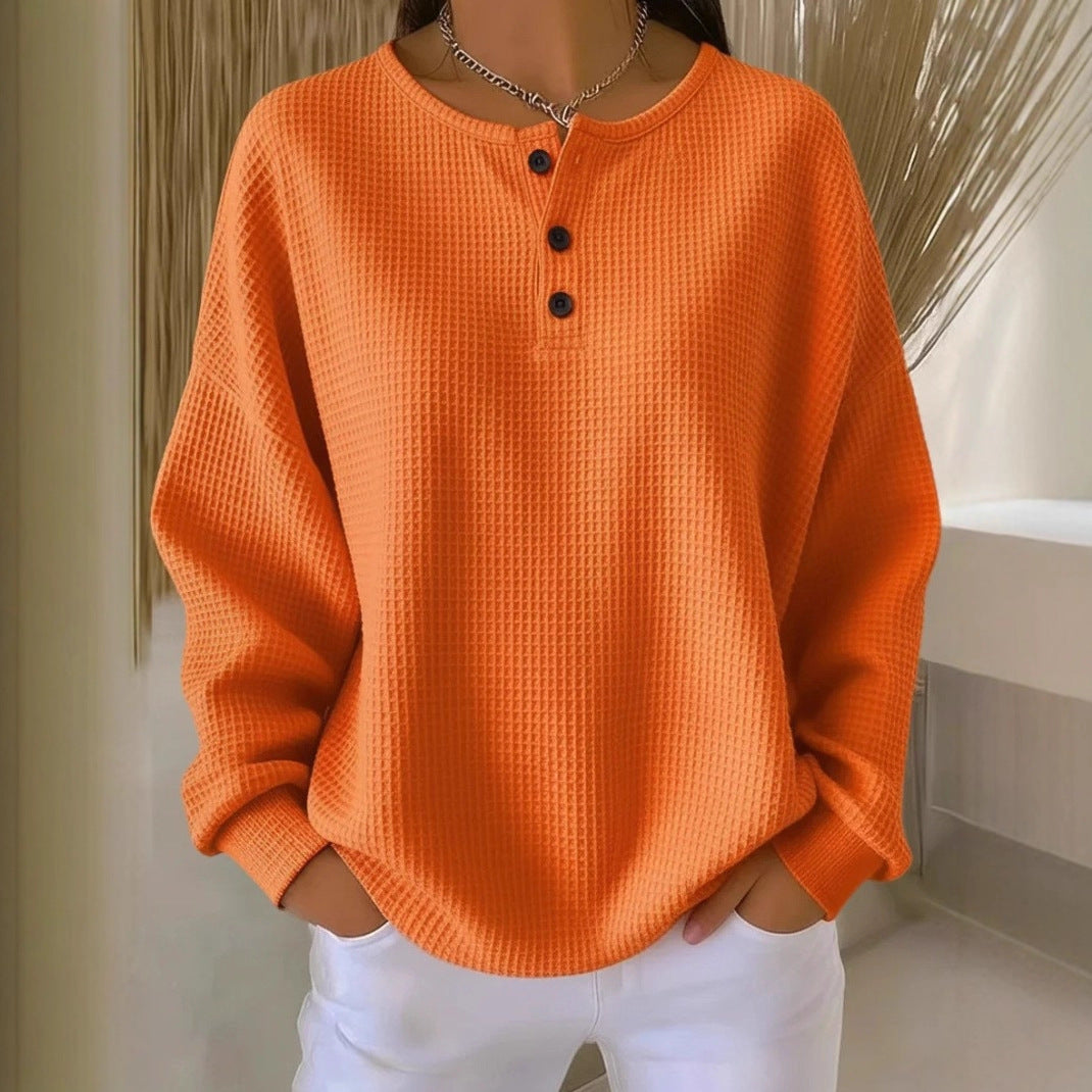 Women Oversize Waffle Knit Henley Shirt with Placket and Round Neck Mune Fashion