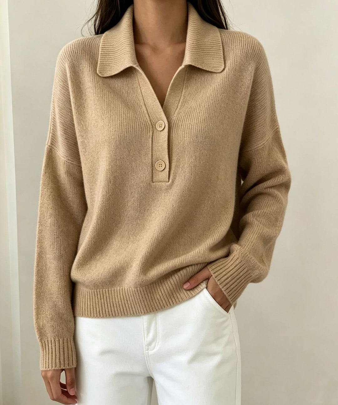 Women Polo Collar Sweater with Half Button Placket and Ribbed Hem Mune Fashion