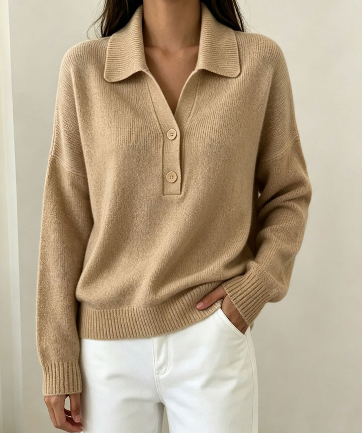 Women Polo Collar Sweater with Half Button Placket and Ribbed Hem Mune Fashion