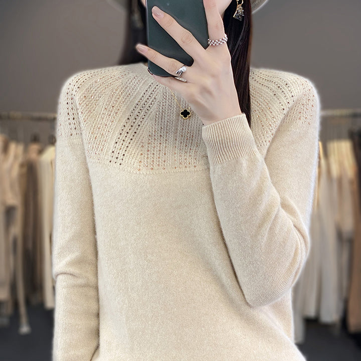 Ladies Soft Cashmere-Look Fine Knit Sweater with Ajour-Yoke and Sequin Trim Mune Fashion