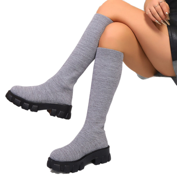 Women's Knit Sock Boots with High Shaft and Thick Profile Sole Mune Fashion
