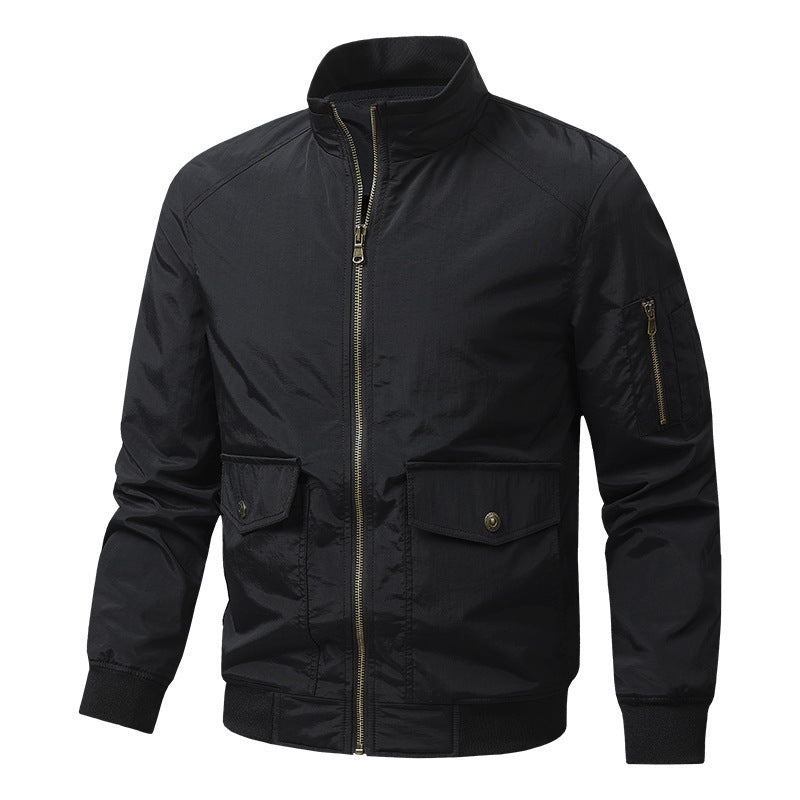 Men's Wind and Water Resistant Urban Bomber Jacket with Stand Collar and Multiple Pockets Mune Fashion