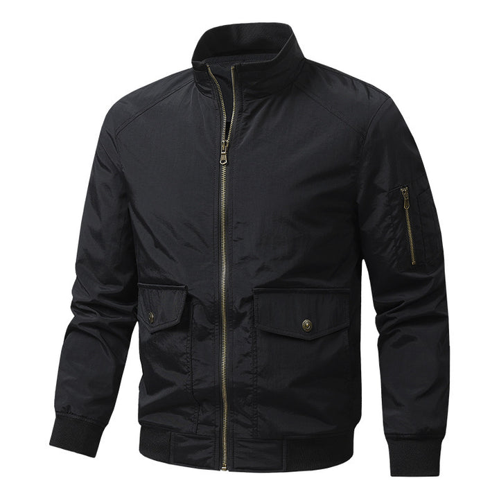 Men's Wind and Water Resistant Urban Bomber Jacket with Stand Collar and Multiple Pockets Mune Fashion