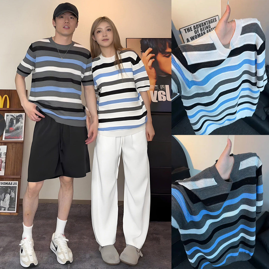 Women Modern Short Sleeve Knit Top with Wave Pattern Mune Fashion