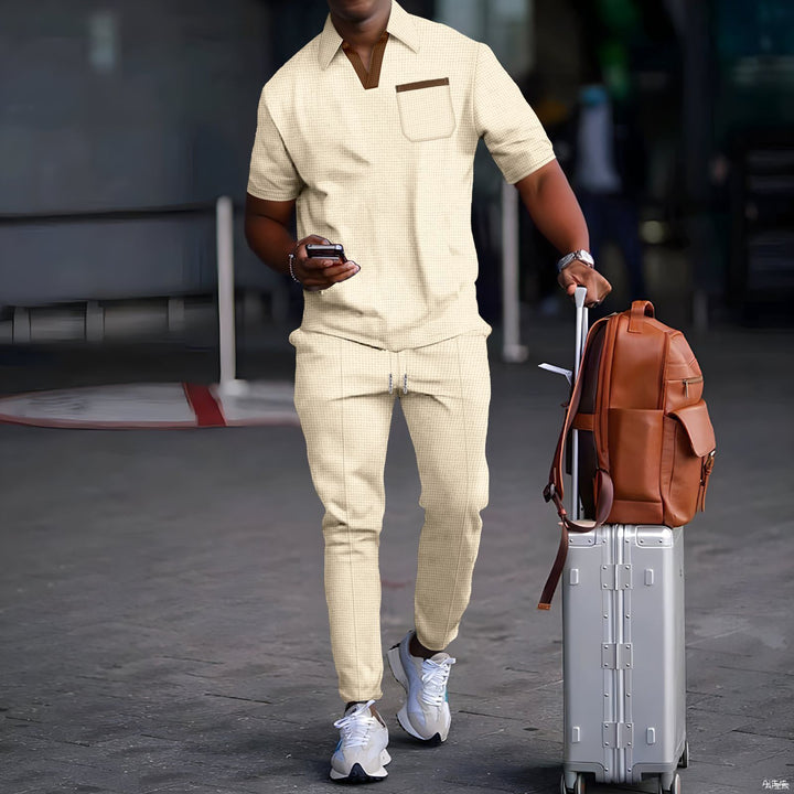 Men's casual leisure set made of elastic jersey with V-neck, chest pocket, and drawstring waistband Mune Fashion
