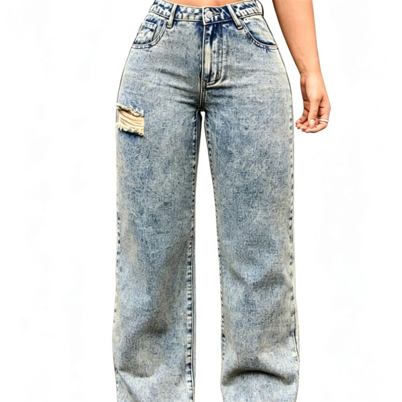 Ladies High-Waist Relaxed Jeans with Stone Wash Effect and Side Ripped Insert Mune Fashion