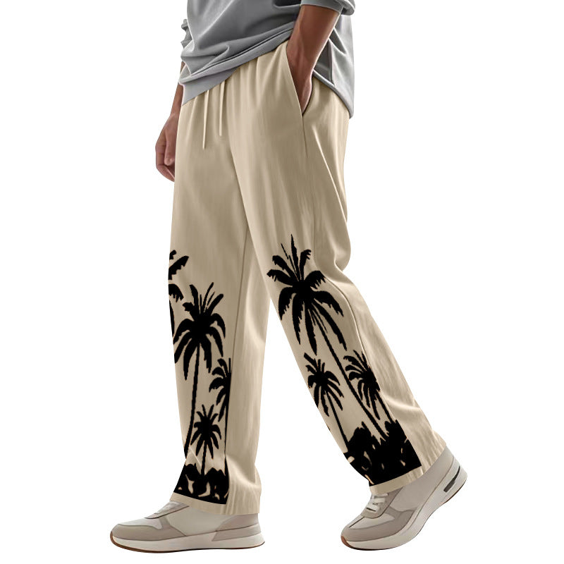 Men's wide leisure pants made of cotton-linen blend with palm print, elastic waistband and drawstring Mune Fashion