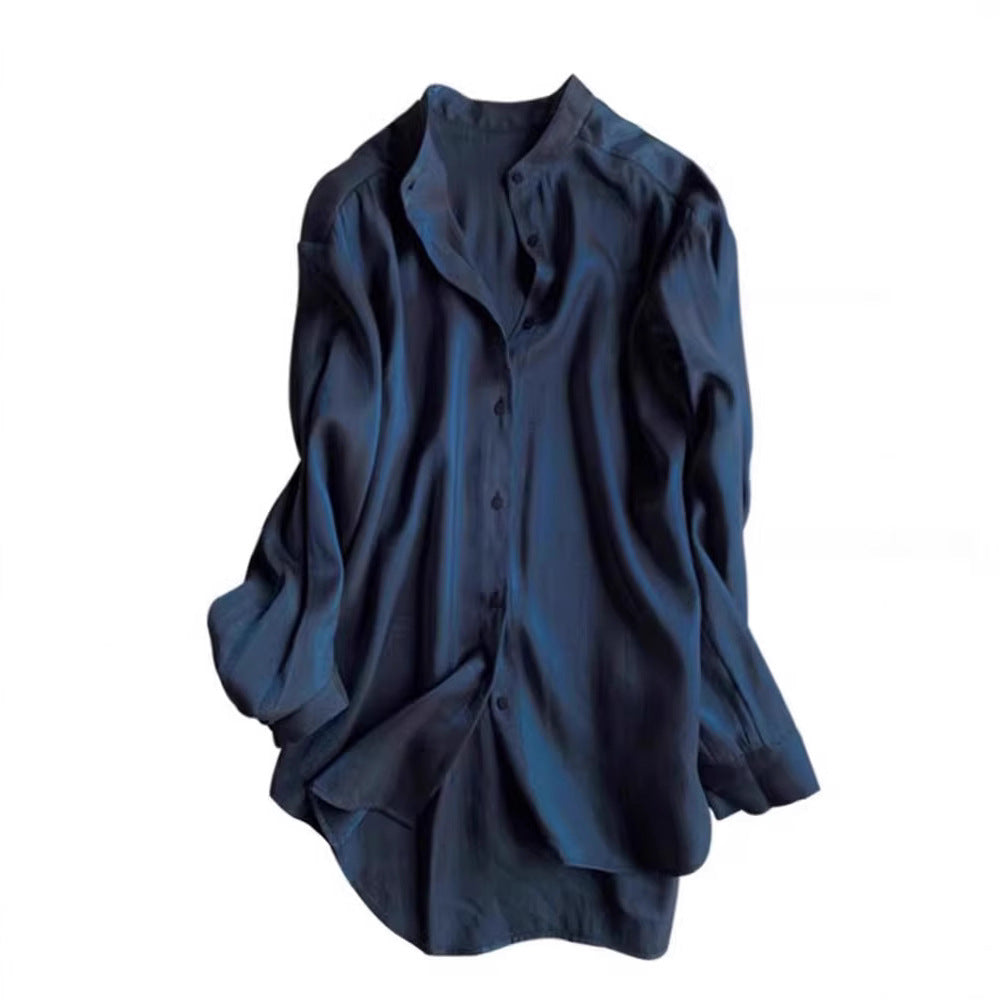 Ladies Elegant Satin Blouse with Stand-Up Collar Drune