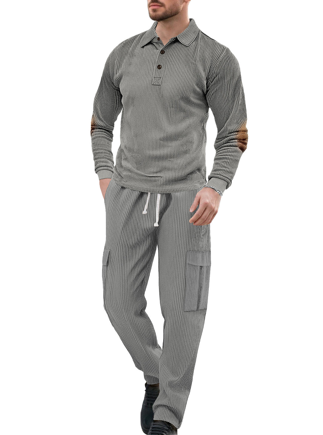 Men's nano ribbed lounge set with polo collar elbow patches and cargo pants Mune Fashion