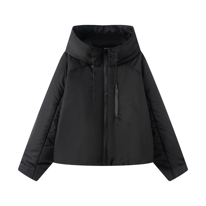 Women's short cut quilted jacket with high stand collar, wide funnel hood, and water-repellent surface Mune Fashion