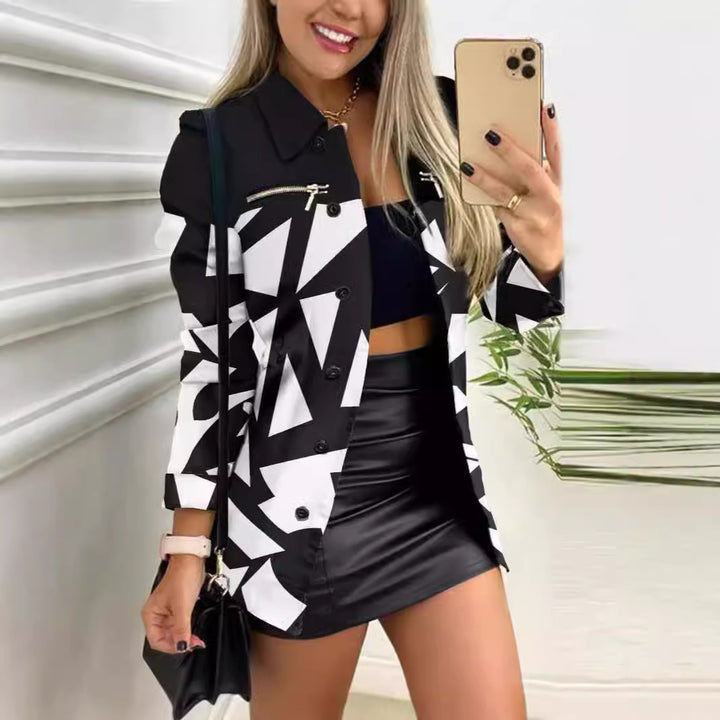 Ladies patterned blazer with geometric print, zip pocket and full button placket Mune Fashion