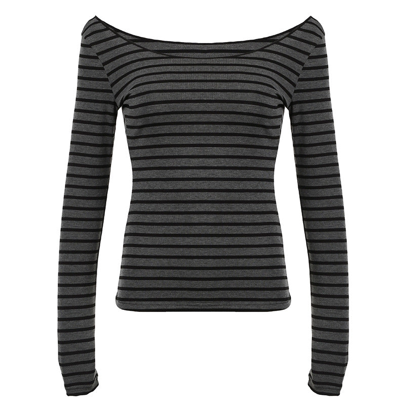 Women's off-shoulder striped long-sleeve shirt with wide bateau neckline and figure-hugging waistline Mune Fashion