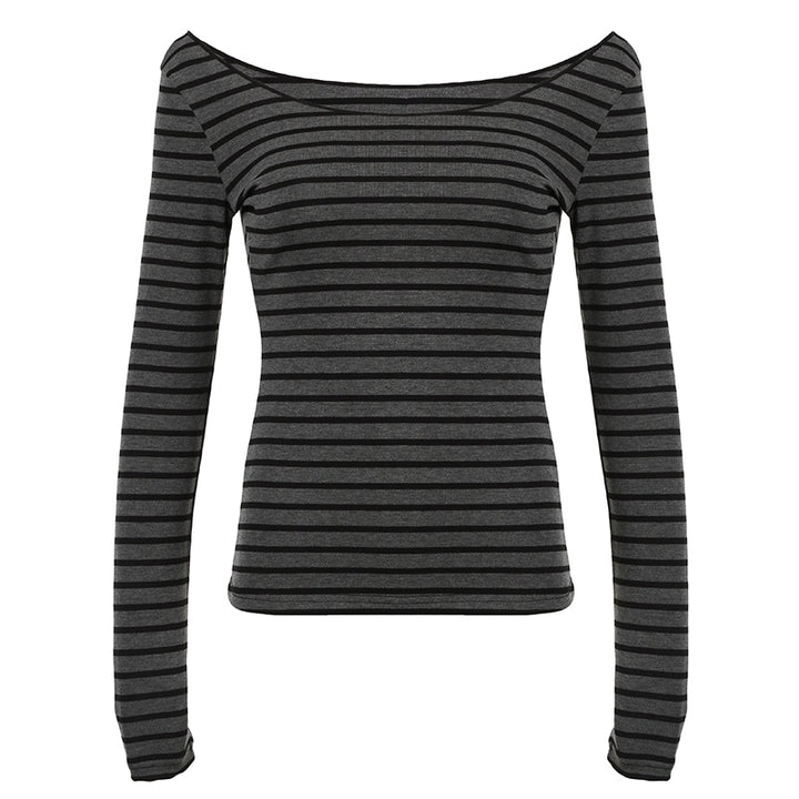 Women's off-shoulder striped long-sleeve shirt with wide bateau neckline and figure-hugging waistline Mune Fashion