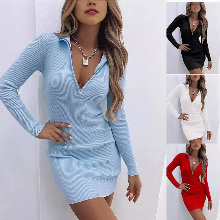 Women Fitted Ribbed Dress with Zipper Mune Fashion