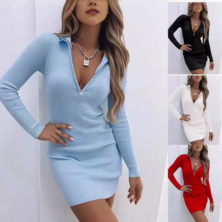 Women Fitted Ribbed Dress with Zipper Mune Fashion