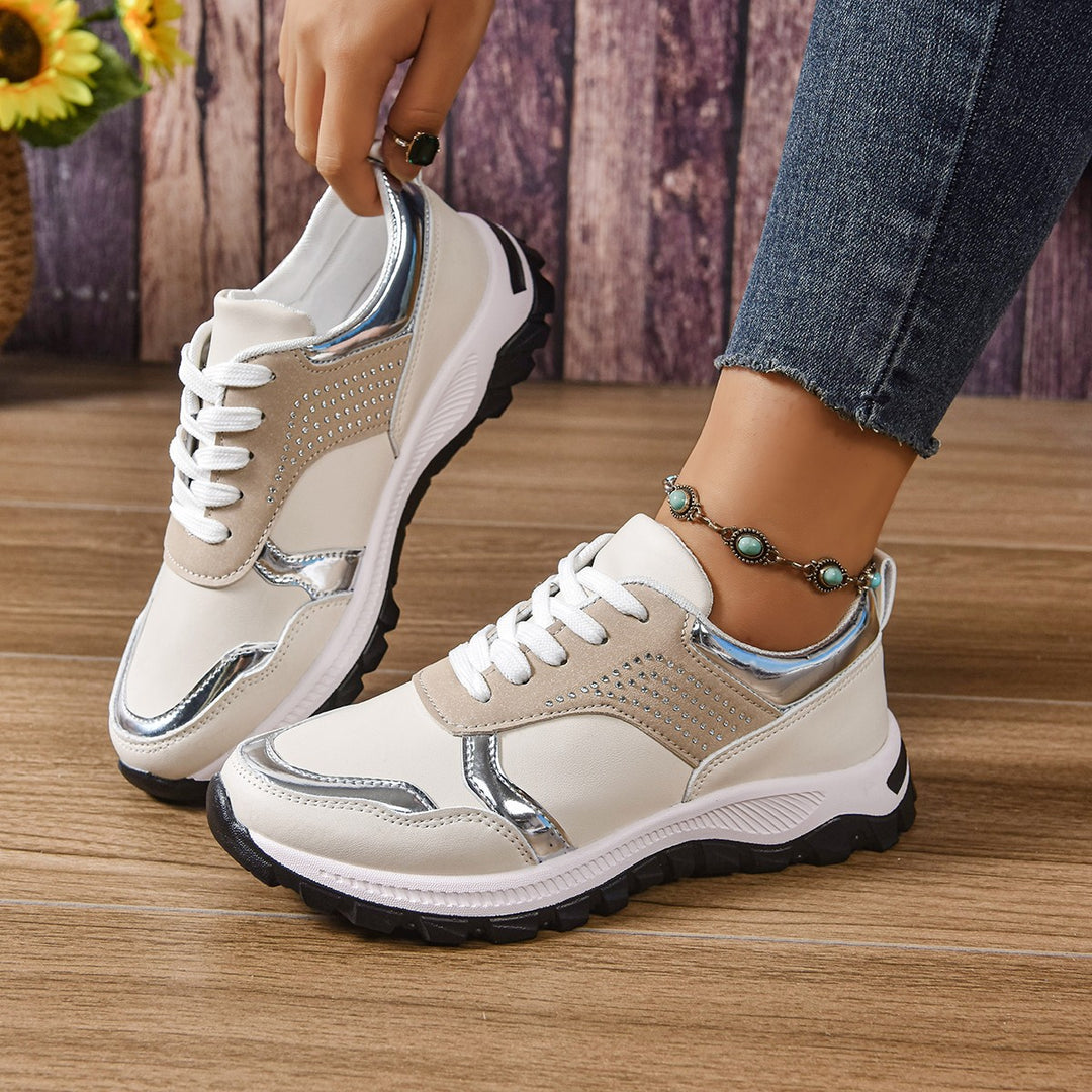 Women's trendy city chunky sneakers with metallic accents, decorative studs, and cushioning lightweight sole Mune Fashion