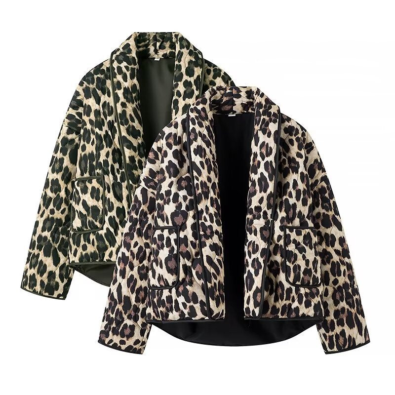 Women's Padded Short Jacket in Leopard Print with Shawl Collar and Patch Pockets Mune Fashion