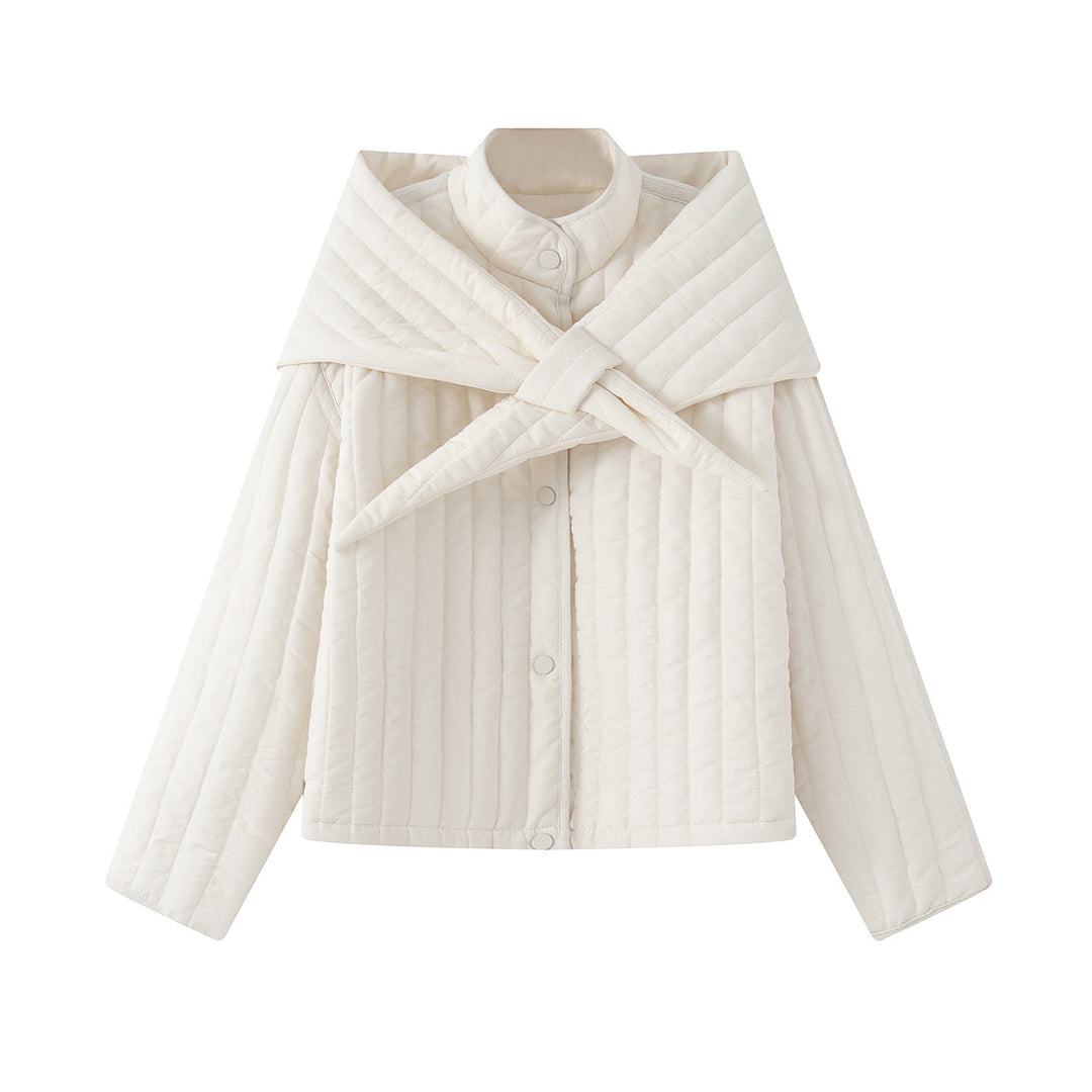 Women's quilted jacket with large wrap collar and tie scarf Mune Fashion
