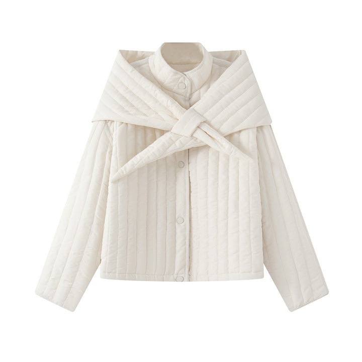 Women's quilted jacket with large wrap collar and tie scarf Mune Fashion