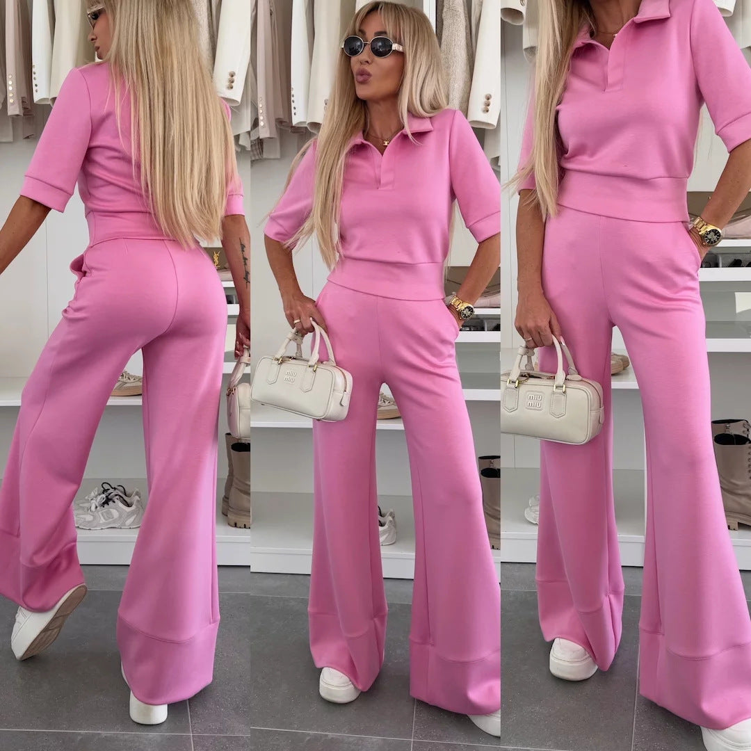 Women Elegant Scuba Loungewear Set with Polo Collar and High Waisted Palazzo Pants Mune Fashion