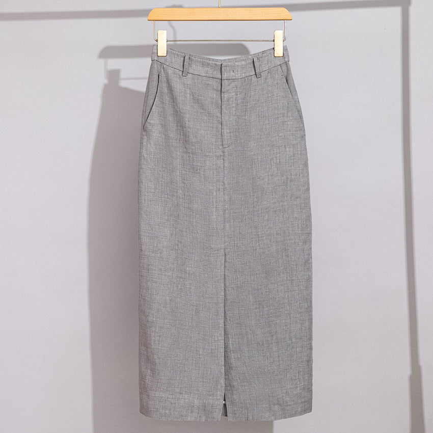 Women Tailored Linen Pencil Skirt with Central Kick Pleat and Crease Mune Fashion
