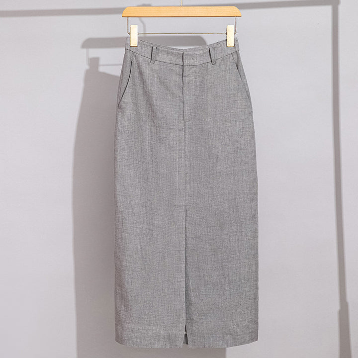 Women Tailored Linen Pencil Skirt with Central Kick Pleat and Crease Mune Fashion