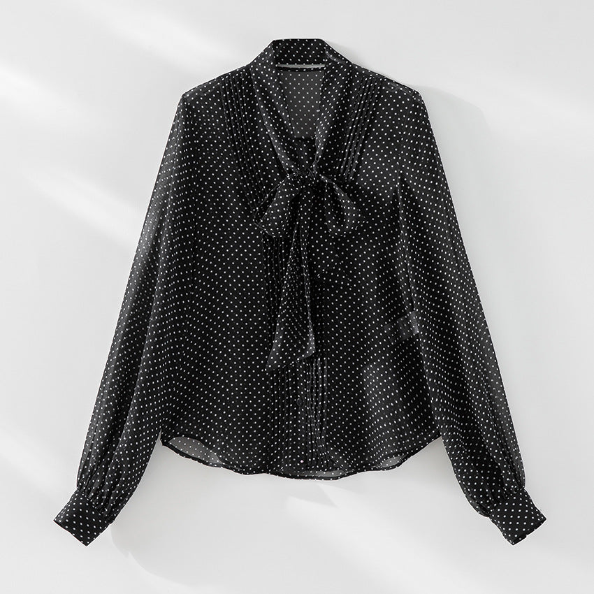 Women Airy Polka-Dot Loop Blouse with Bow Collar, Pleated Front and Cuff Sleeves Mune Fashion