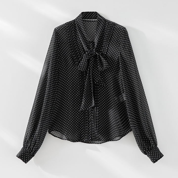 Women Airy Polka-Dot Loop Blouse with Bow Collar, Pleated Front and Cuff Sleeves Mune Fashion