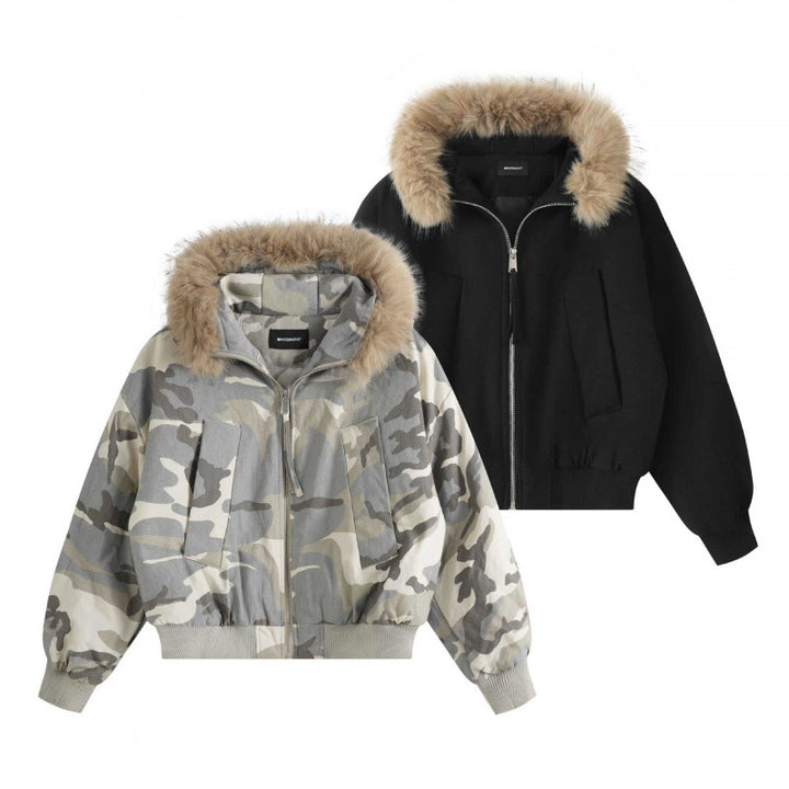 Women Short Boxy Bomber with Hood and Removable Faux Fur Trim Mune Fashion