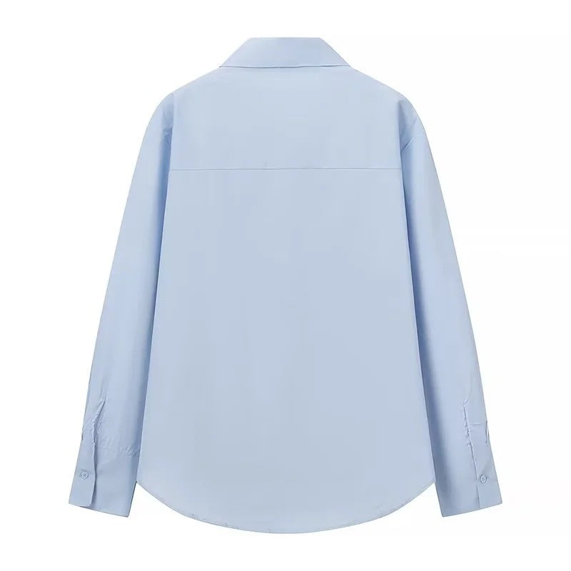 Women's Loose-Fitting Poplin Blouse with Ruffle Trim and Shirt Collar Mune Fashion