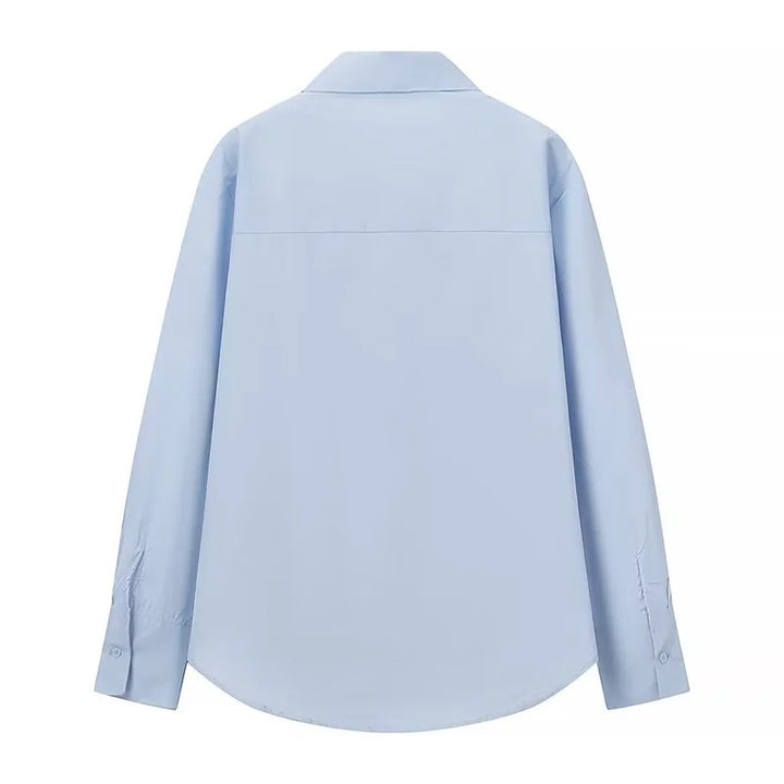 Women's Loose-Fitting Poplin Blouse with Ruffle Trim and Shirt Collar Mune Fashion