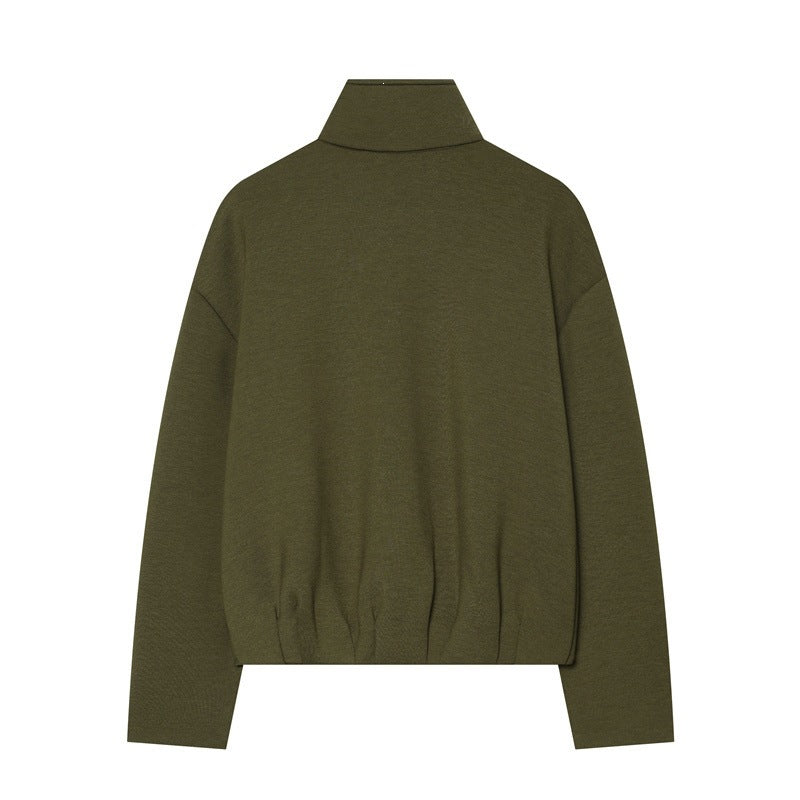 Women Boxy Cropped Stand Collar Cardigan with Full Zip and Dropped Shoulder Mune Fashion