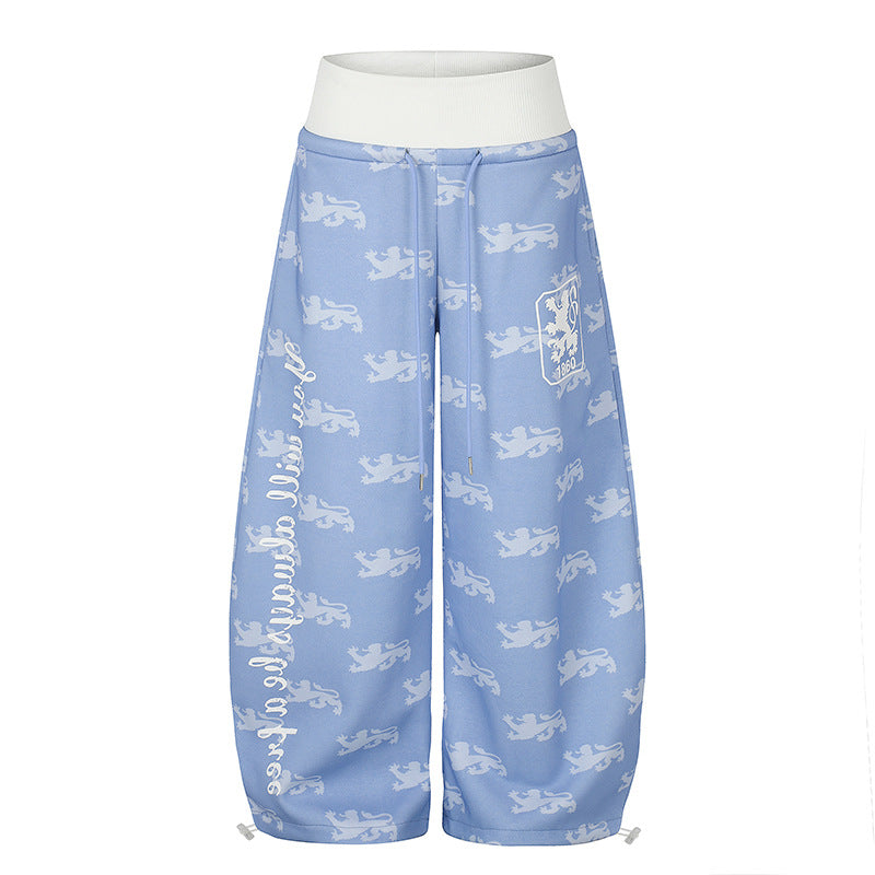 Women's Wide Culotte Palazzo Sweatpants with High Ribbed Waistband, Drawstring and Heraldic Coat of Arms Print Mune Fashion