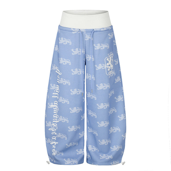 Women's Wide Culotte Palazzo Sweatpants with High Ribbed Waistband, Drawstring and Heraldic Coat of Arms Print Mune Fashion