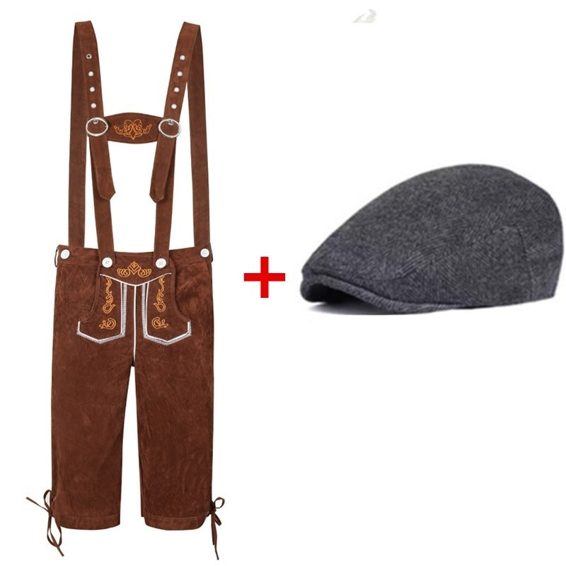 Men's Trachten leather shorts knee-length with adjustable suspenders and felt hat Mune Fashion