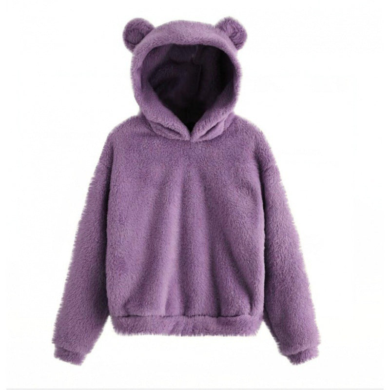 Women's Cozy Teddy Hooded Sweater with Bear Ears and Drawstring Hem Mune Fashion