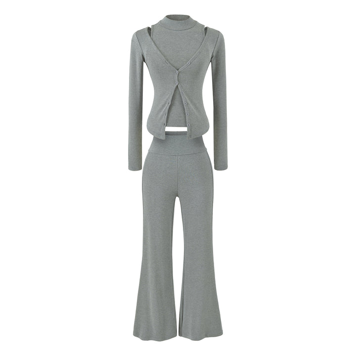 Women Figure-Hugging Layering Set with Turtleneck Long Sleeve and Asymmetrical Button Jacket and Flared High-Waist Pants Mune Fashion