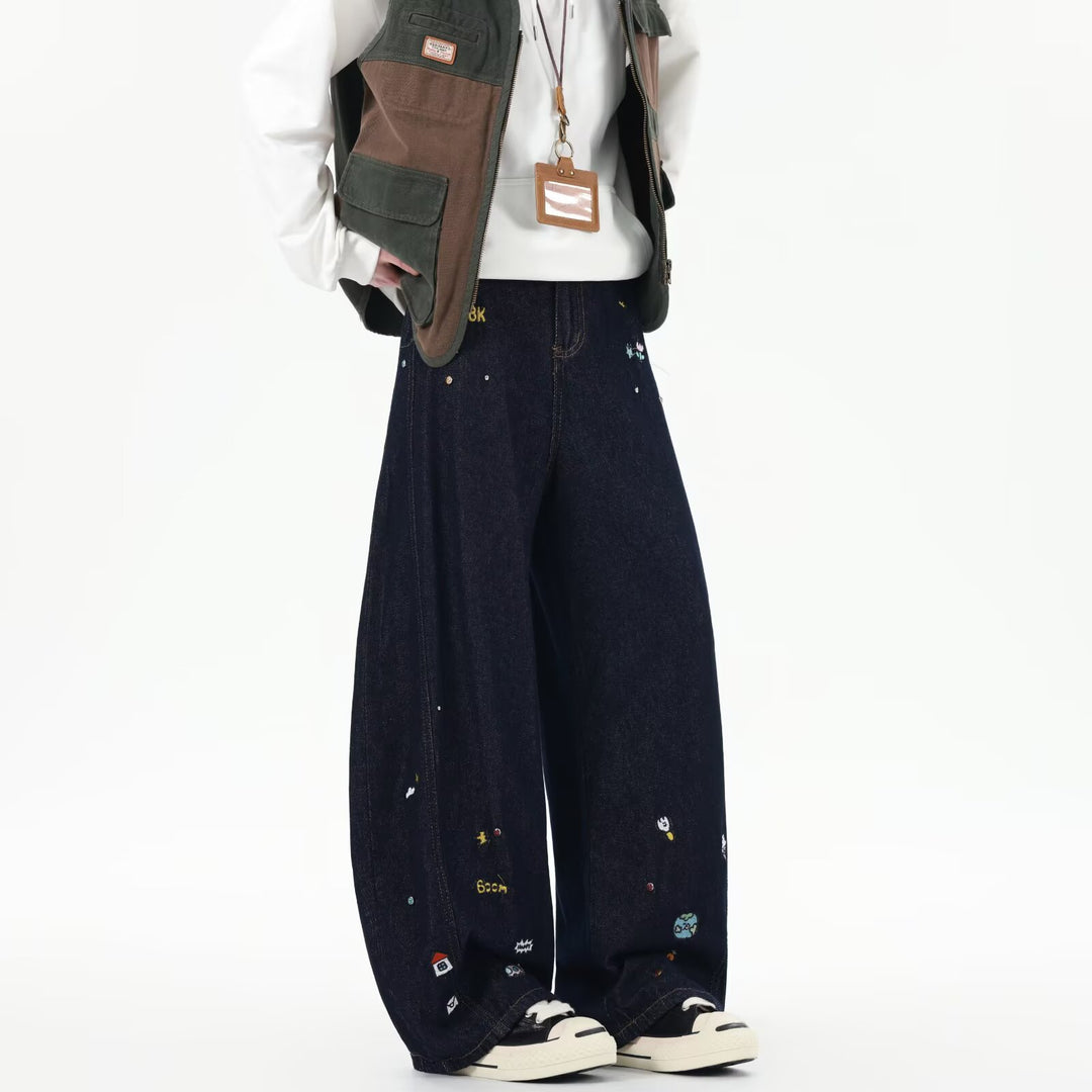 Men's Extra Wide Baggy Jeans with Playful Embroidery and Wide Leg Mune Fashion