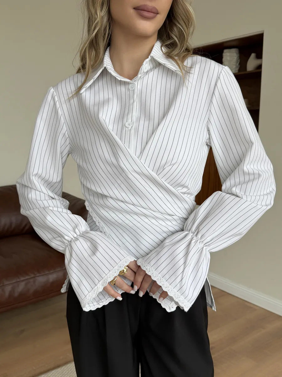 Women tailored wrap blouse with lace trim and fine vertical stripes Mune Fashion