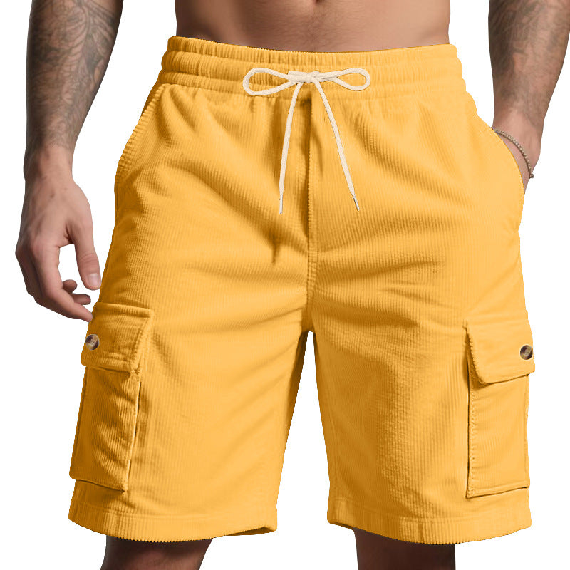 Men's cord cargo shorts with elastic drawstring waistband, patch cargo pockets, and soft cotton blend Mune Fashion