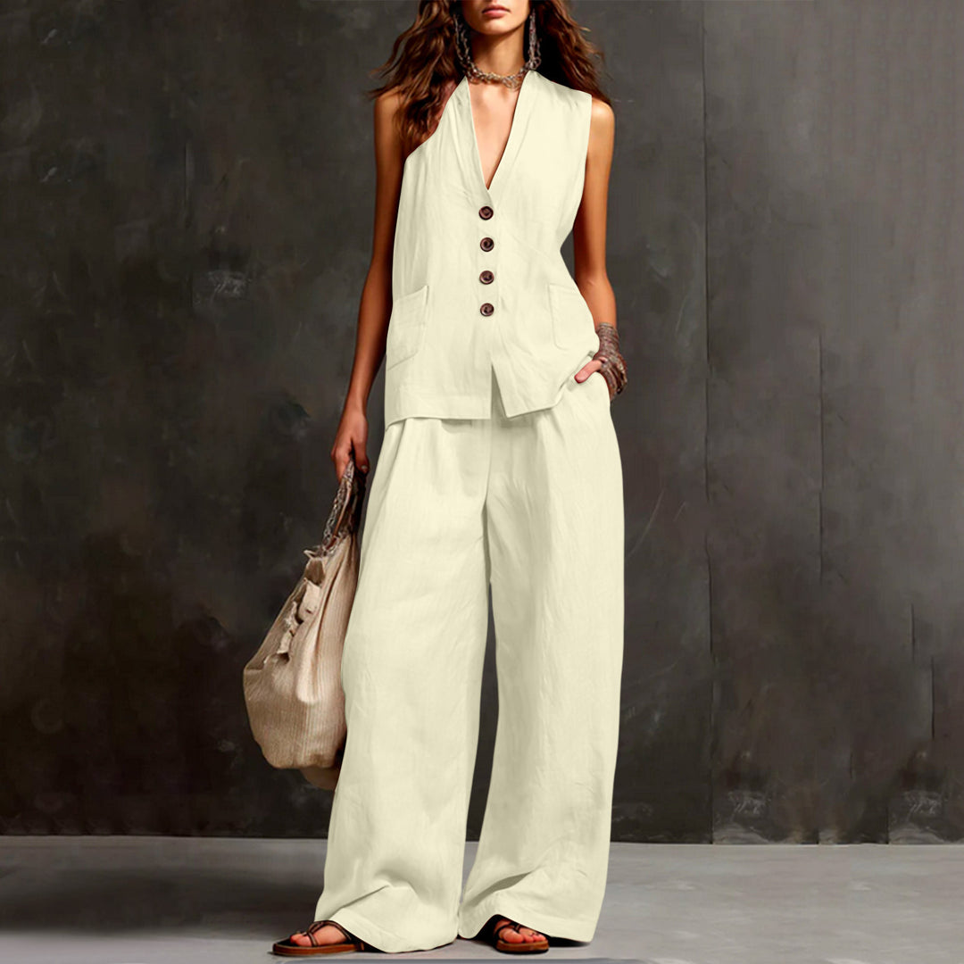 Women's Sleeveless Longline Waistcoat and Palazzo Pants Set in Linen Look Mune Fashion