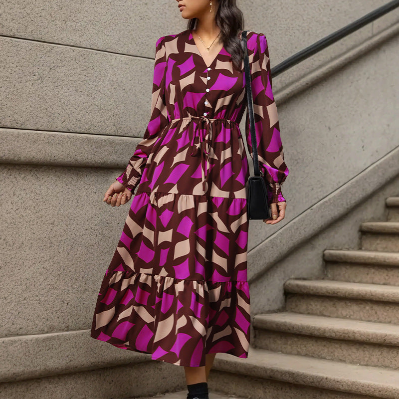 Women's Long Tiered Maxi Dress with Graphic Print, V-Neck, Drawstring Waist and Gathered Cuffs Mune Fashion
