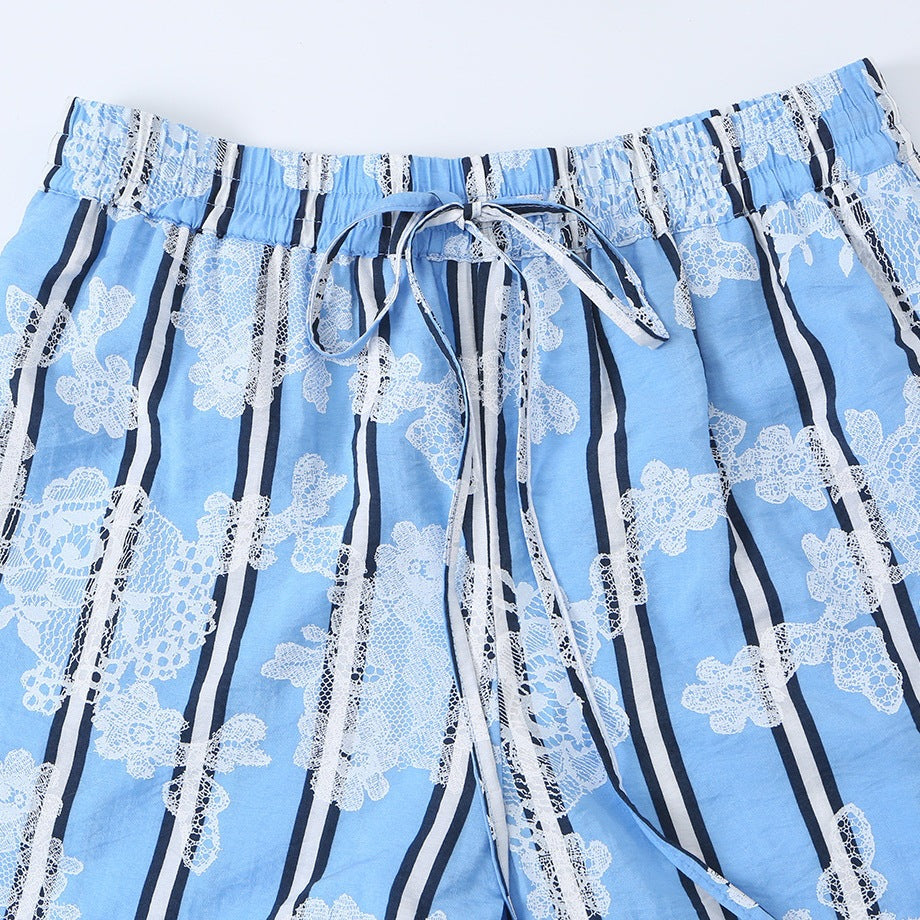 Women's wide palazzo pants with elastic drawstring waistband and floral lace look Mune Fashion