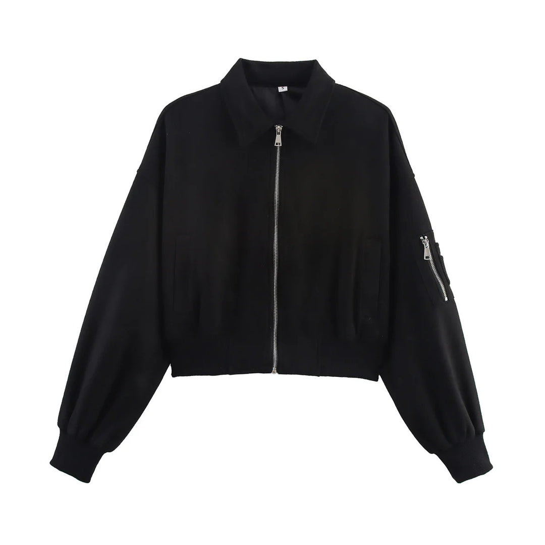 Women's cropped bomber jacket in velour look with zipper, sleeve pockets, and ribbed hem Mune Fashion