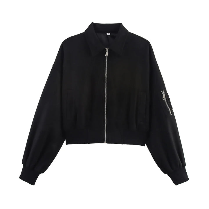 Women's cropped bomber jacket in velour look with zipper, sleeve pockets, and ribbed hem Mune Fashion