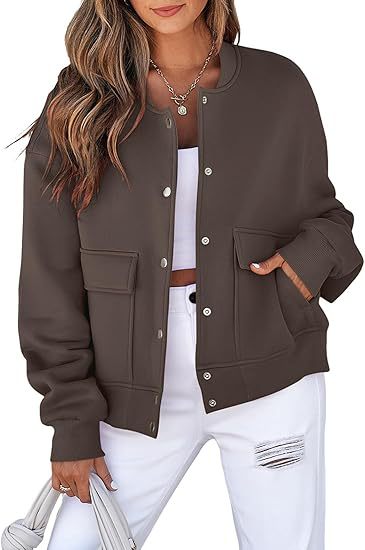 Women's casual oversized bomber jacket made of sweatshirt fabric with snap button placket and patch pockets Mune Fashion