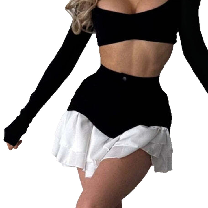 Women's mini skirt with high-waisted corset band and layered ruffles