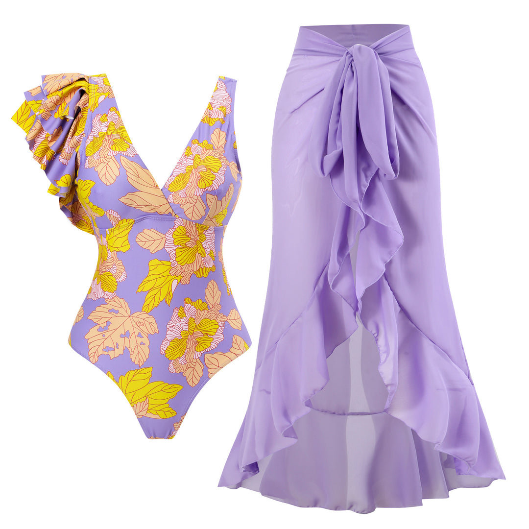 Women's Elegant One-Piece Swimsuit with Floral Ruffle Details Mune Fashion